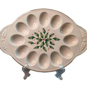 Lenox Holiday Deviled Egg Platter Tray Holly Berries Preowned Open 12 3/8"